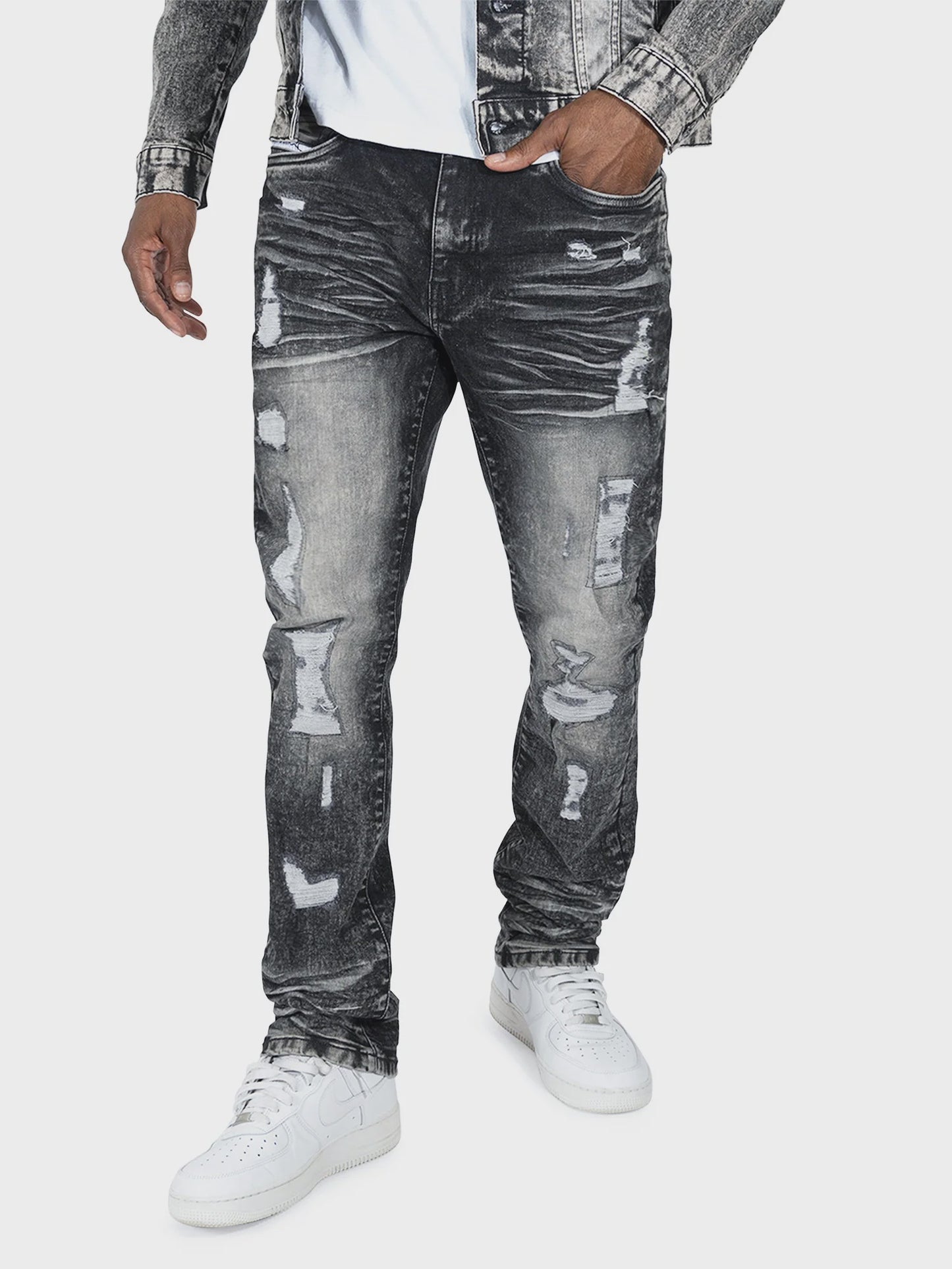 Makobi Moreli Black Wash Denim Jeans style M1979 showcasing a classic black distressed denim look with stylish stitching and a comfortable fit