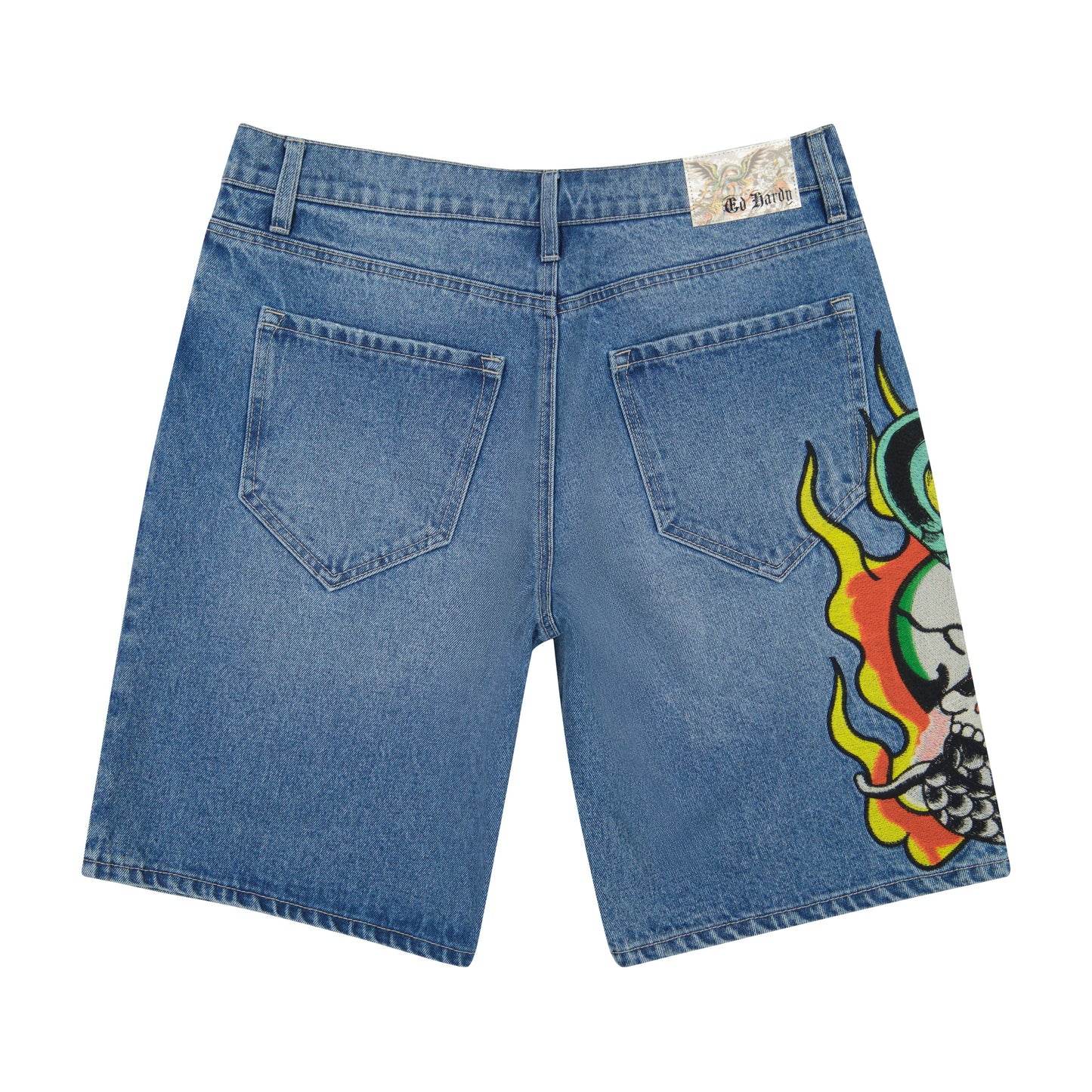 High-quality Ed Hardy Fire Cobra Skater Shorts - 2K Wash featuring a unique cobra design and 2K washed finish for a trendy and edgy look