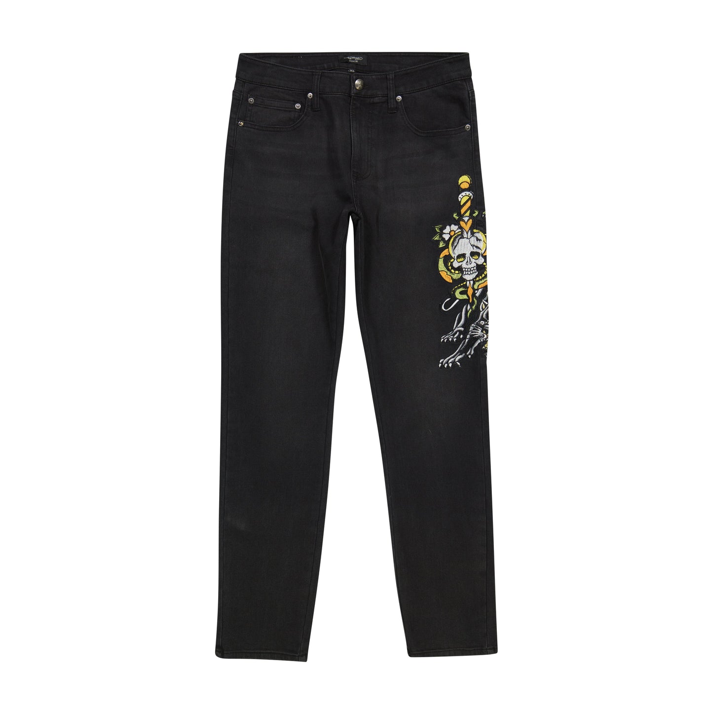 Stylish and edgy Ed Hardy Dagger Skull Slim Taper Jeans in black