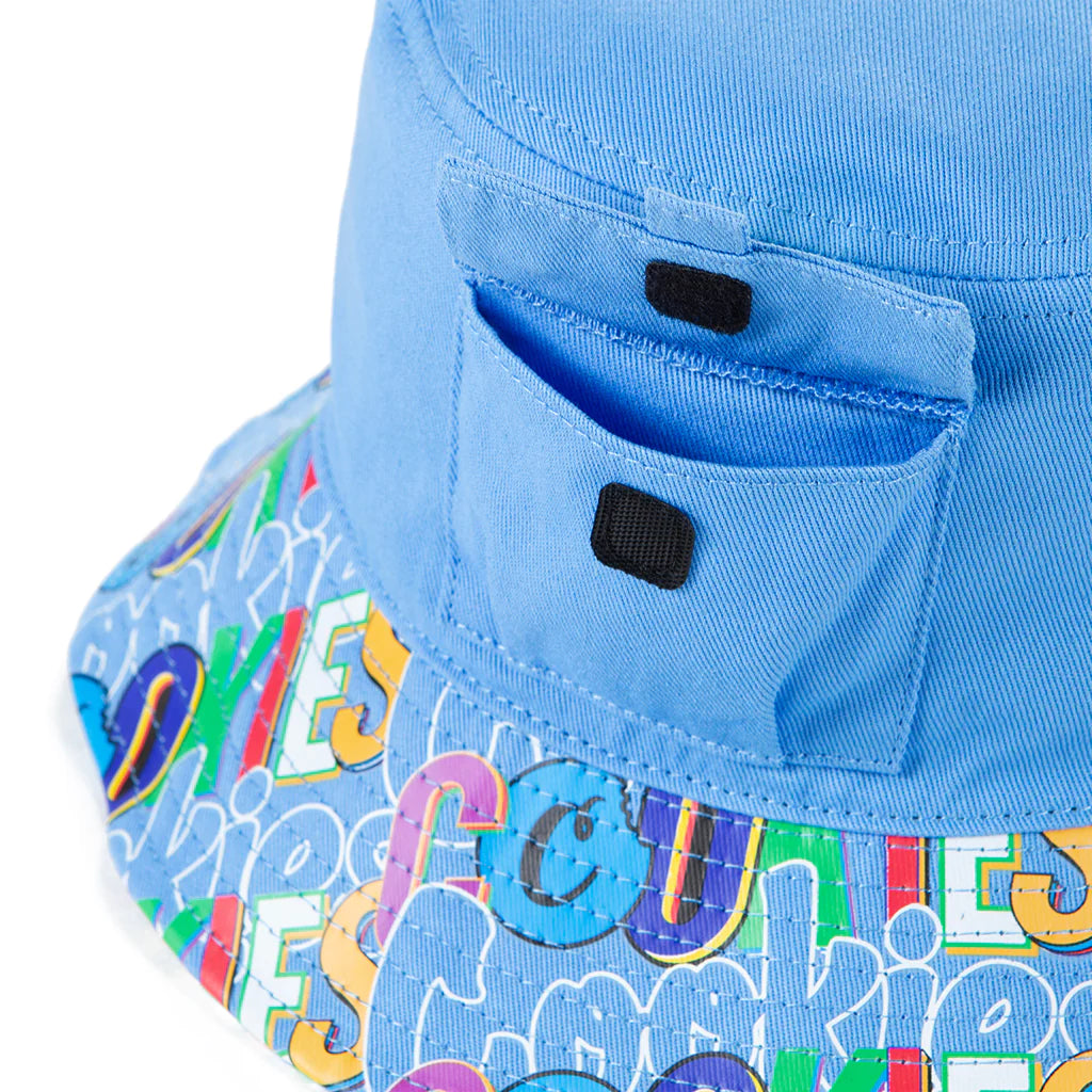 Sky blue bucket hat with 'Cookies On The Block' logo embroidered