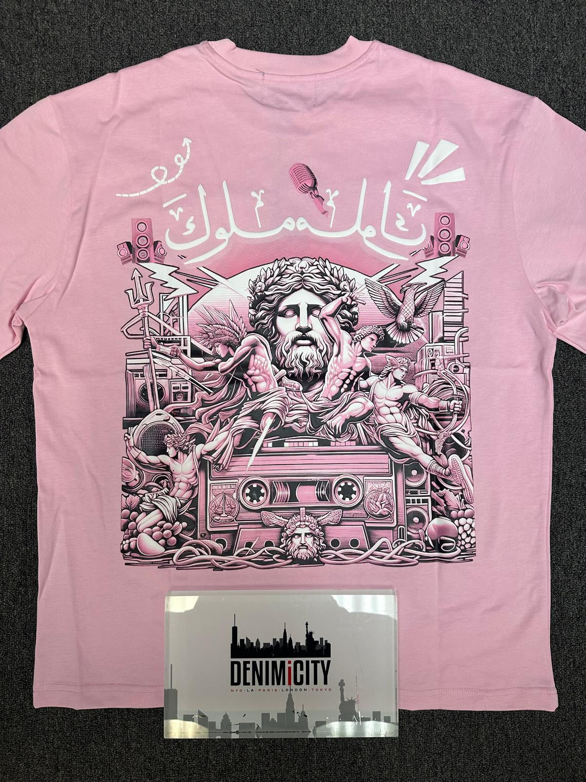 Oversized pink and white DENIMiCITY Kings tee with puffprint design