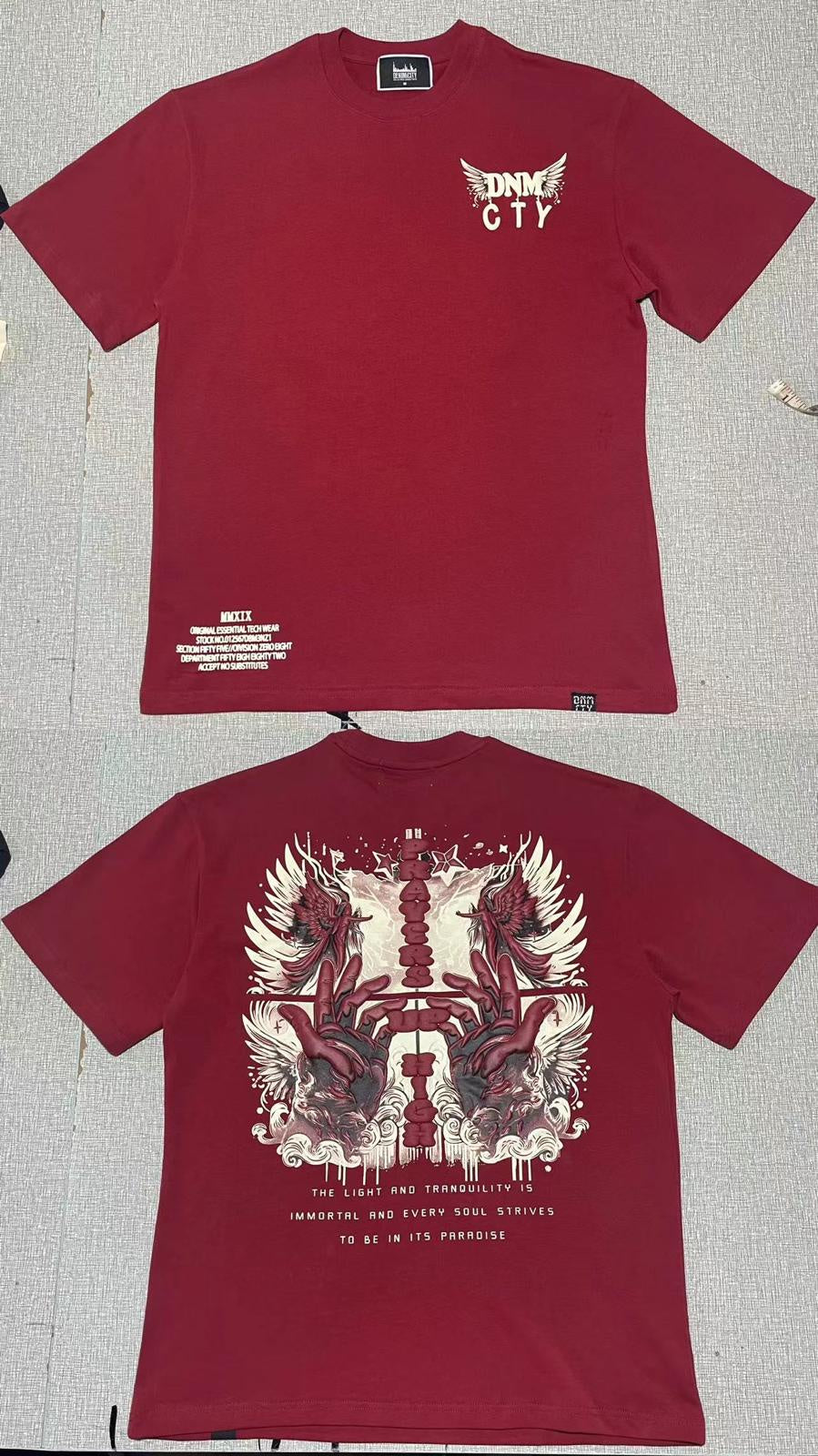 Oversized burgundy tee with 'Prayers Up High' puffprint design by DENIMiCITY