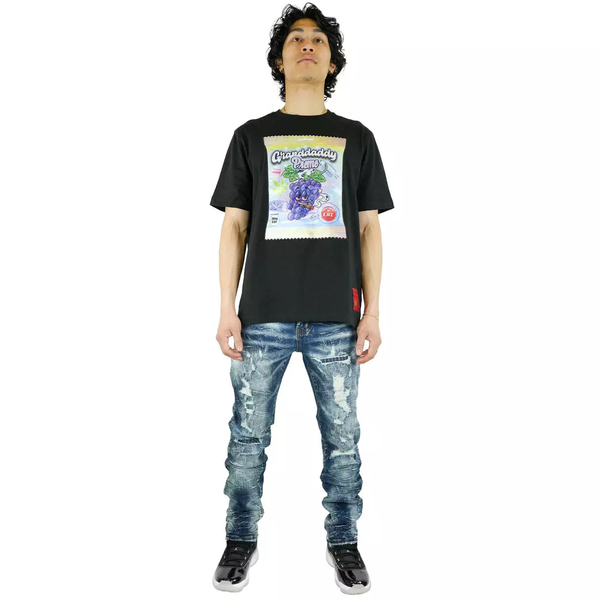 Back view of PREME Indigo Denim Ripped Jeans (PR-WB-1012) with ripped and frayed details and pockets