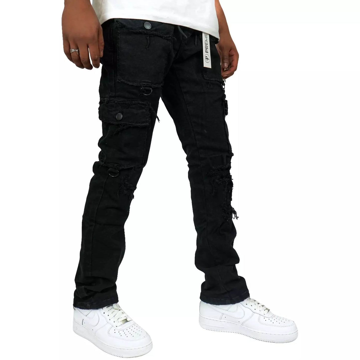 PREME Black Ripped Cargo Denim Jeans (PR-WB-1285) - Stylish and trendy distressed black cargo jeans with multiple pockets and versatile design