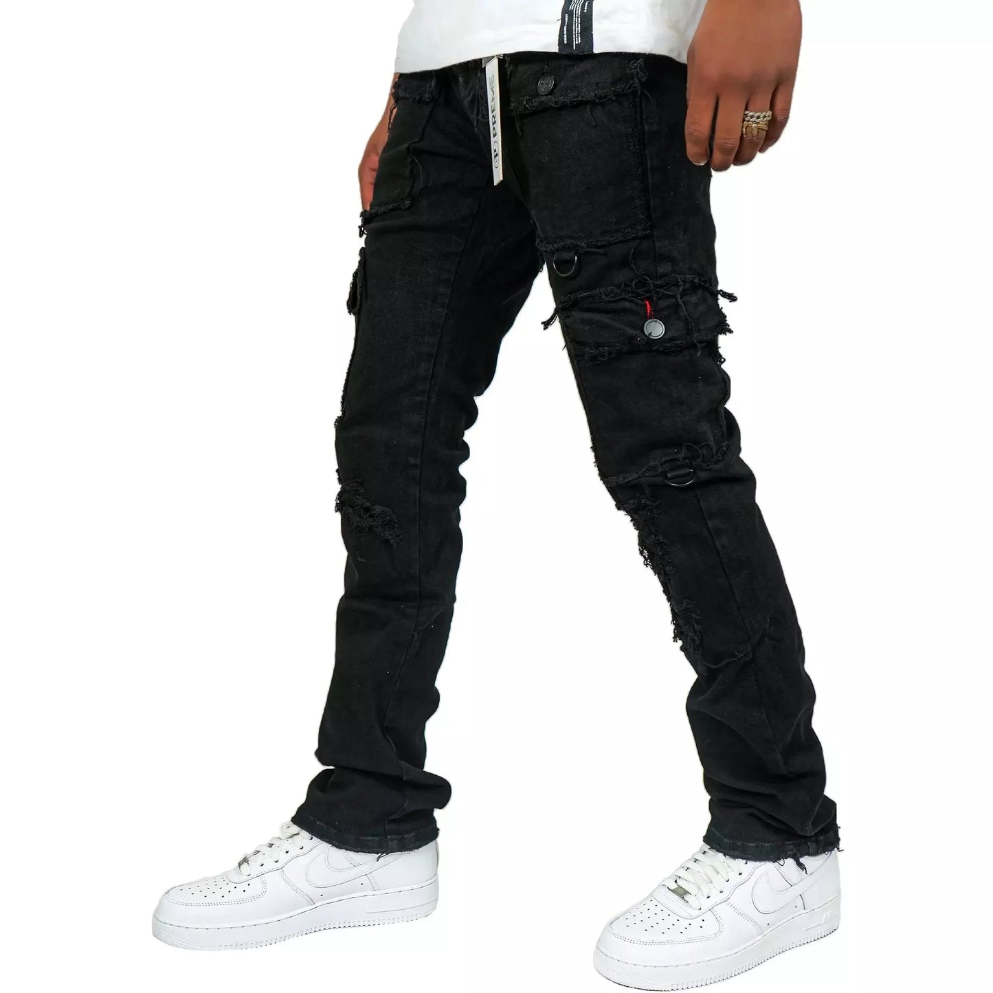 PREME Black Ripped Cargo Denim Jeans (PR-WB-1285) featuring distressed details and multiple pockets