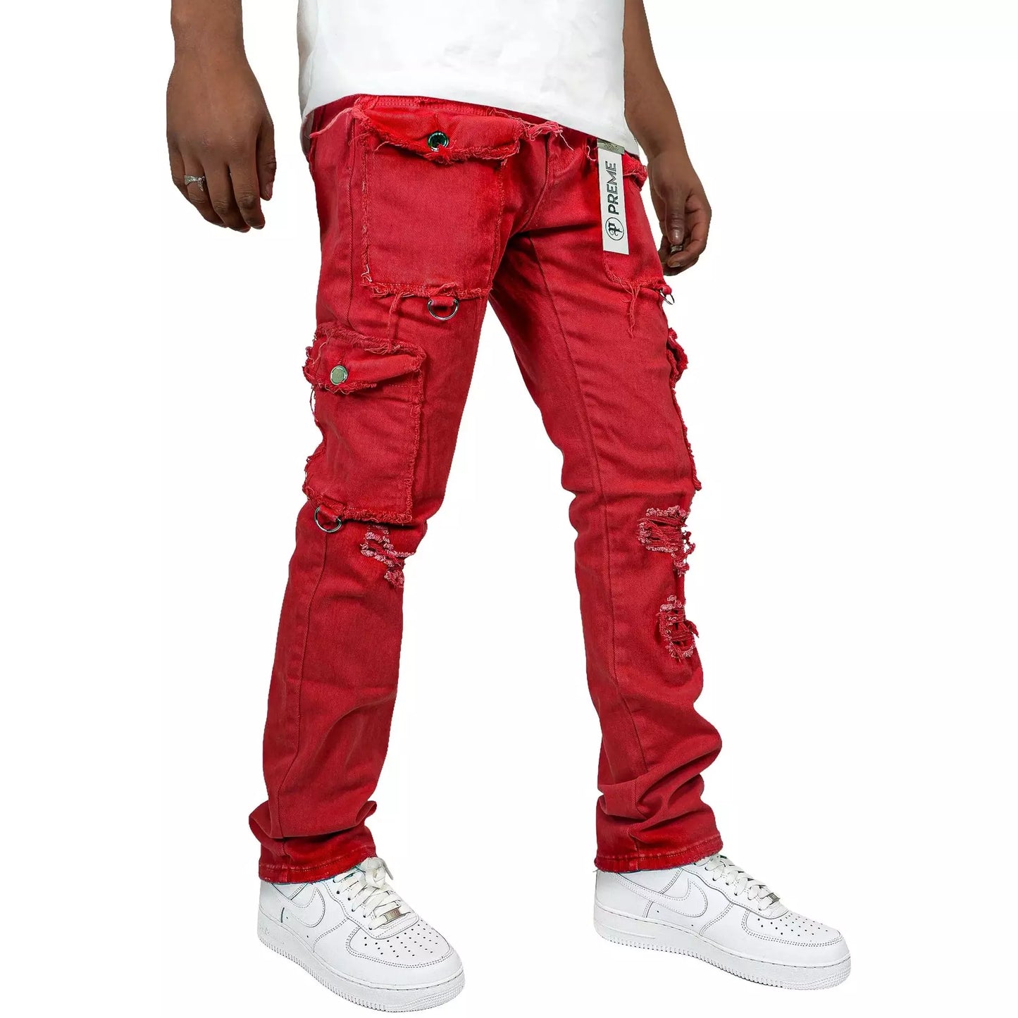 PREME Red Ripped Cargo Denim Jeans (PR-WB-1285)