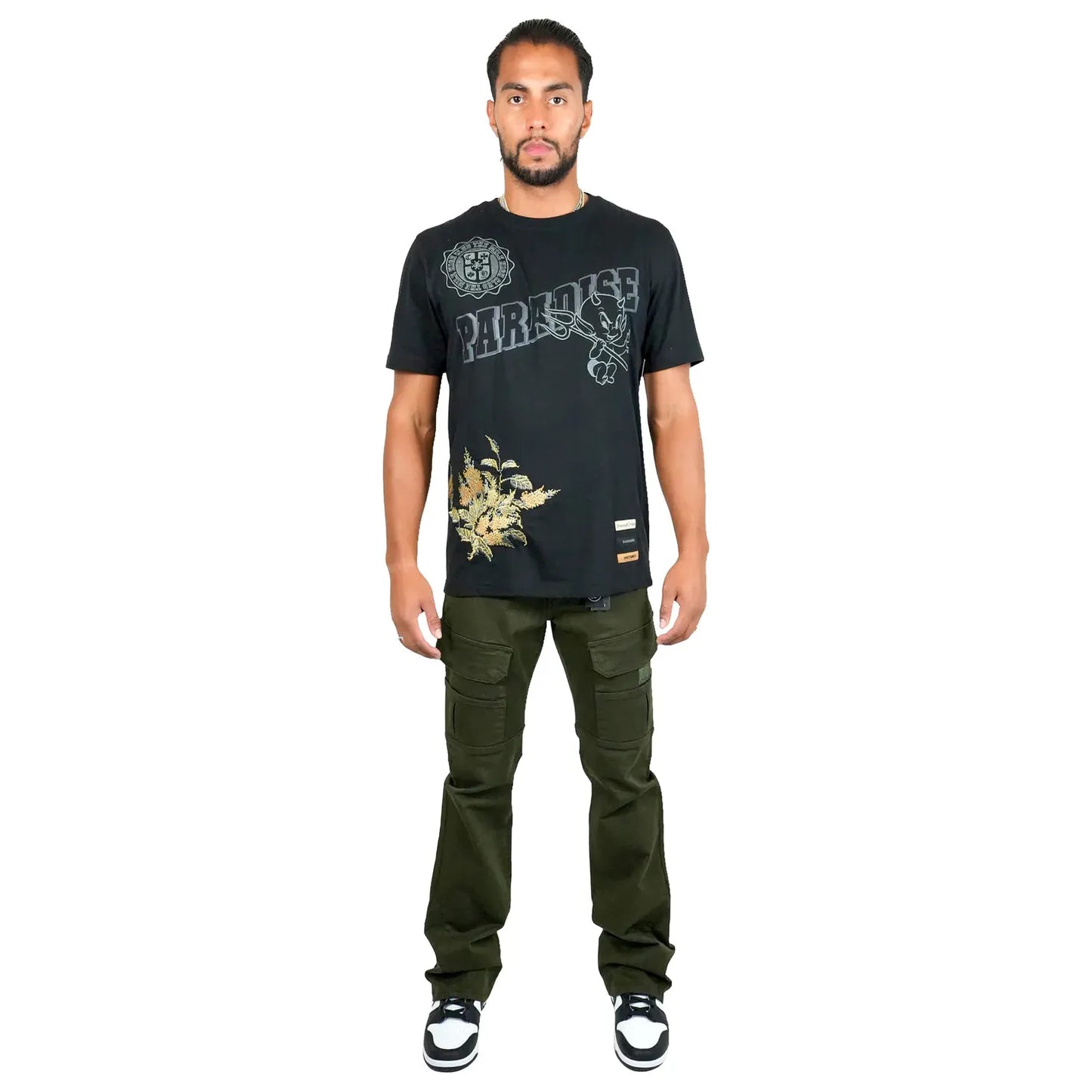 Preme Olympus Olive Twill Stacked Flare Denim paired with boots for a trendy look