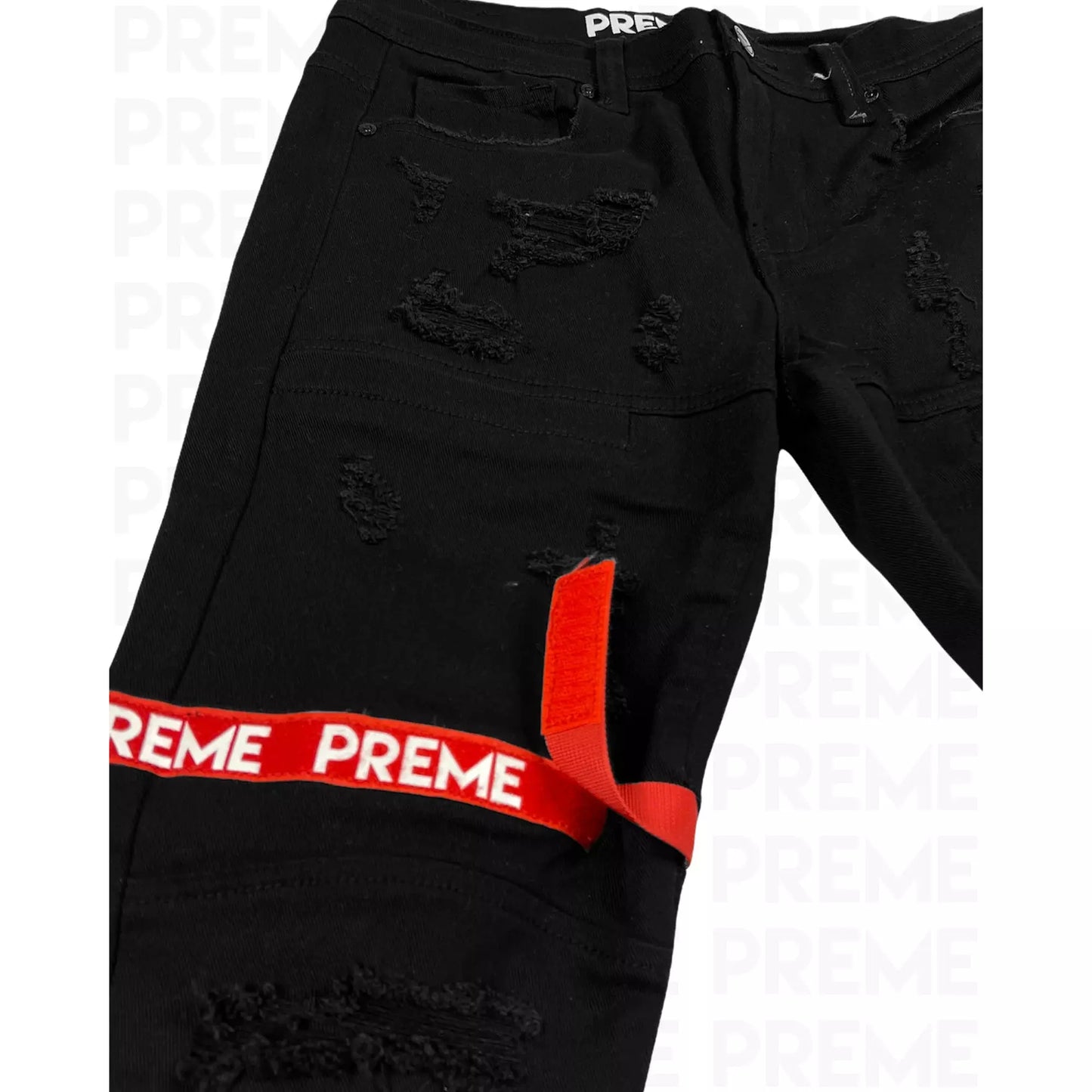 Preme Buffalo Red Strap Black Denim Jeans (PR-WB-841)
