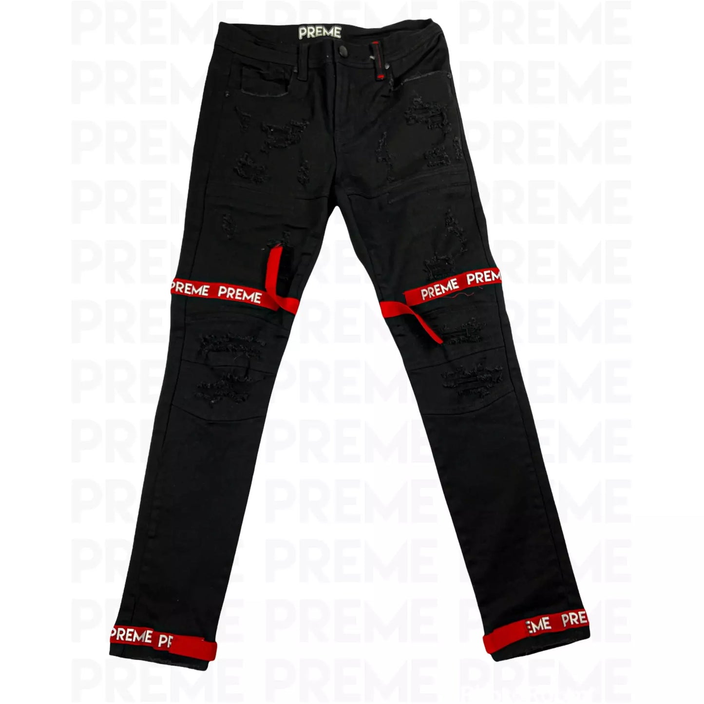 Preme Buffalo Red Strap Black Denim Jeans (PR-WB-841)