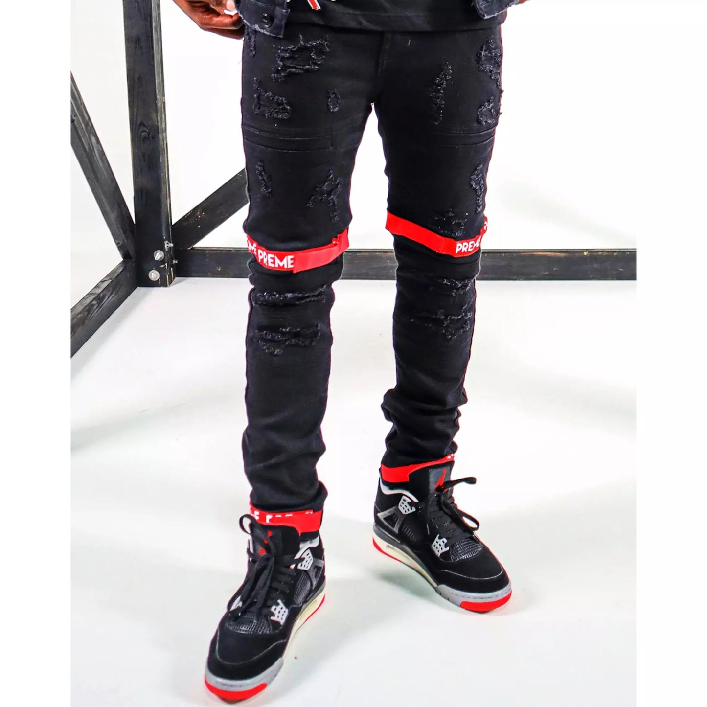 Preme Buffalo Red Strap Black Denim Jeans (PR-WB-841)