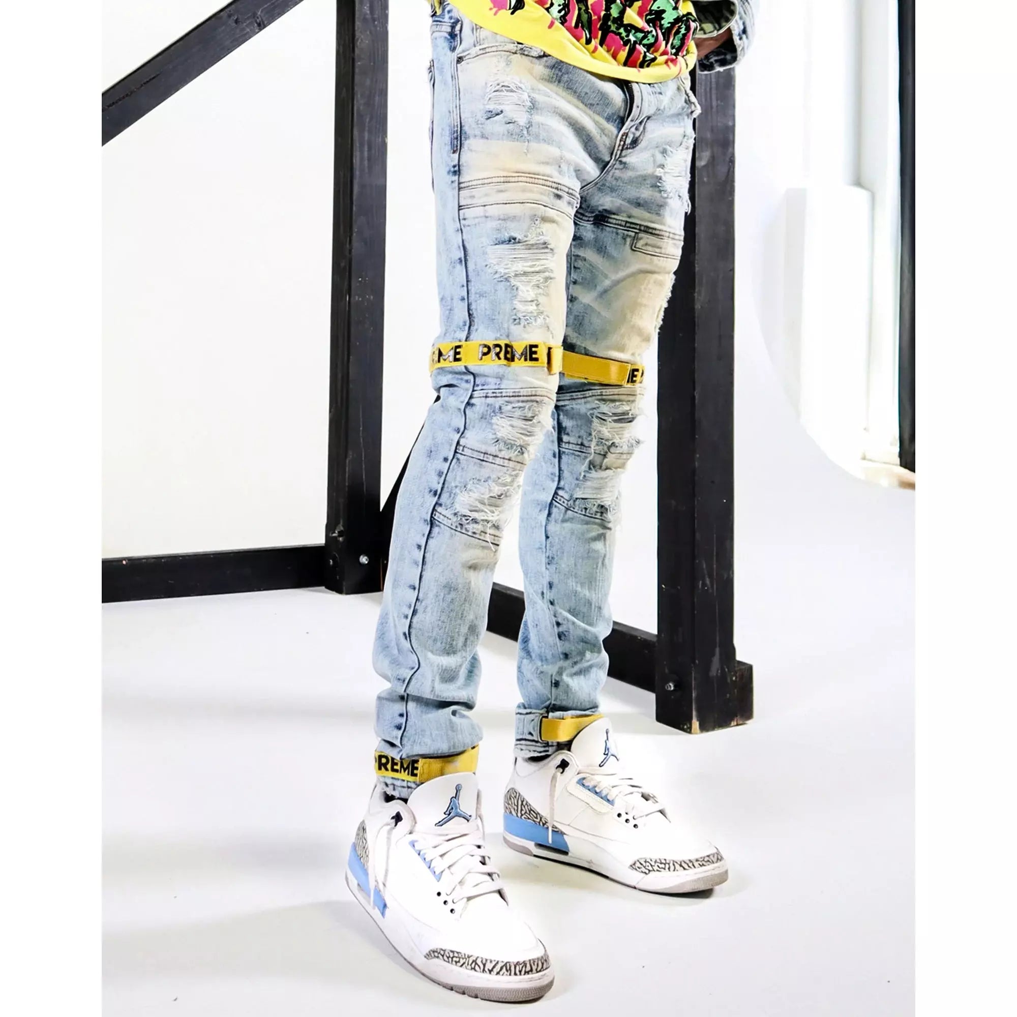 Preme Yellow Strap Desert Indigo Denim Jeans PR WB 843
