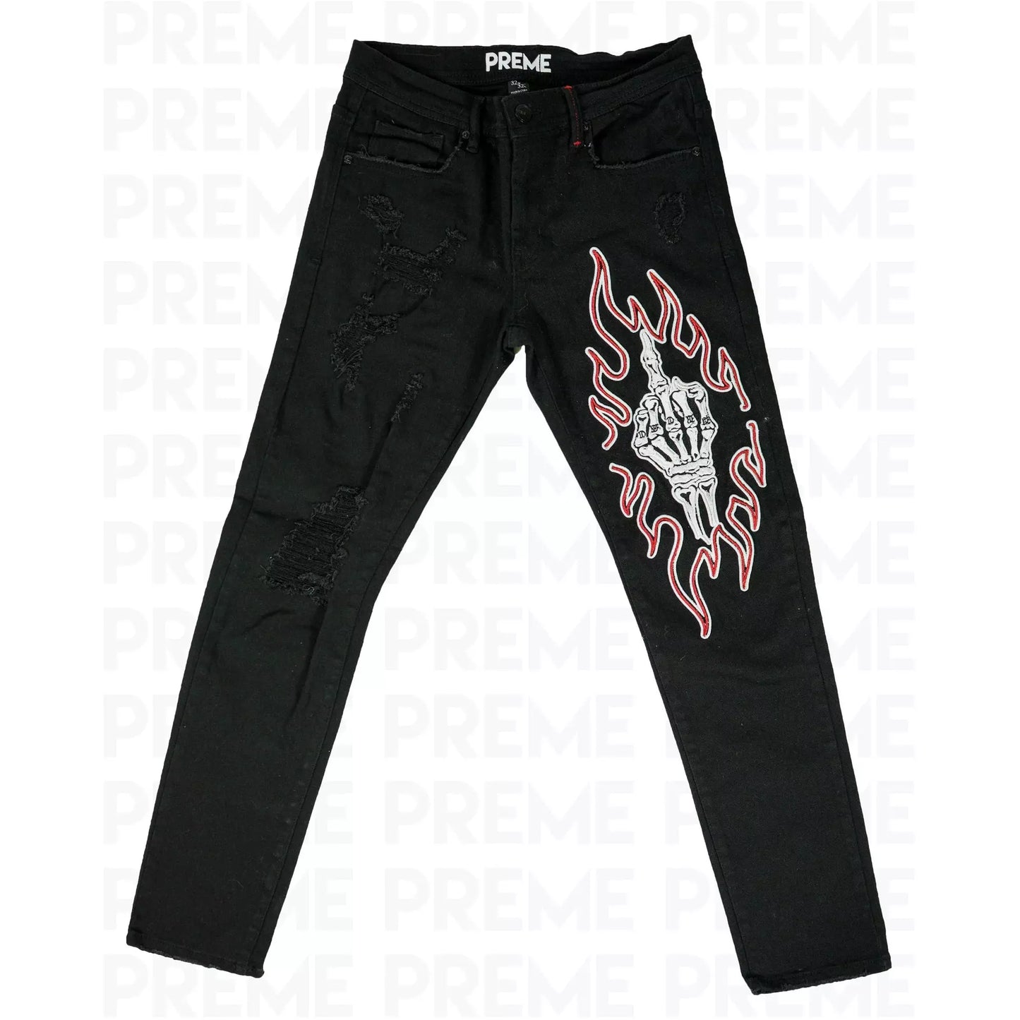 PREME Skull Middle Finger Black Jeans PR-WB-856 - Men's streetwear fashion with skull and middle finger design