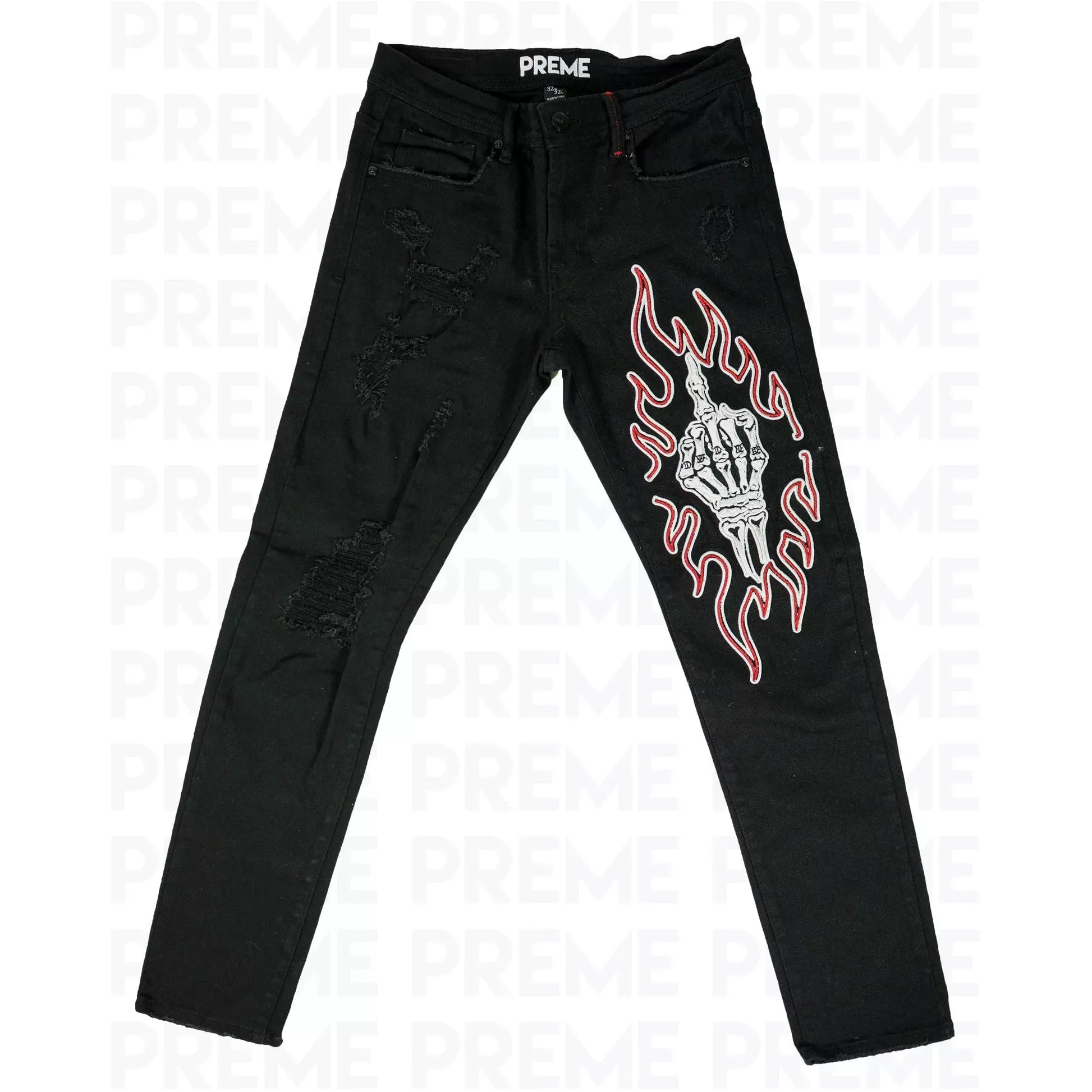 PREME Skull Middle Finger Black Jeans PR-WB-856 - Men's streetwear fashion with skull and middle finger design