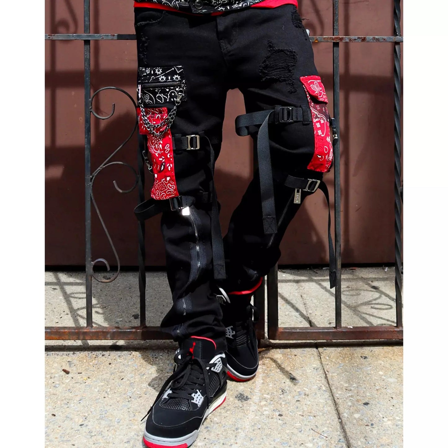 Preme Black Paisley Patched Denim Jeans (PR-WB-861) with intricate floral embroidery and distressed details on black denim fabric, a stylish and trendy addition to your wardrobe