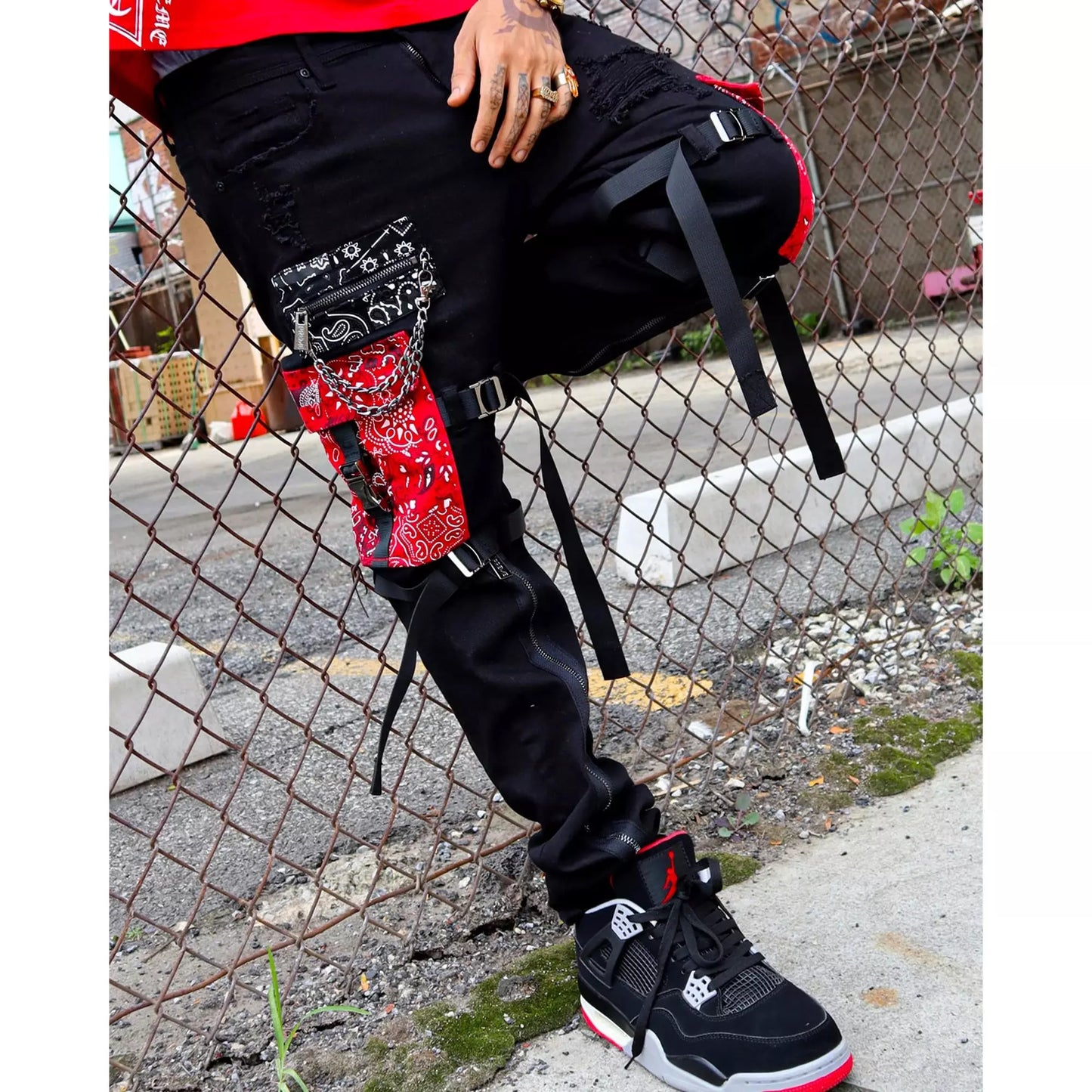 Back view of Preme Black Paisley Patched Denim Jeans with embroidered logo