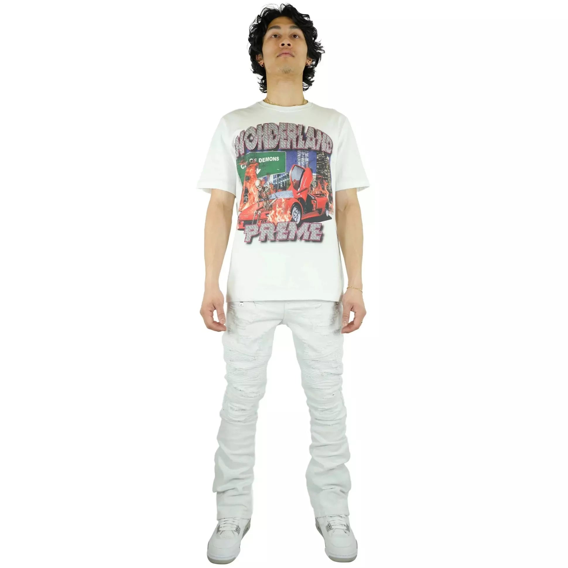 PR-WB-950 Preme White Moto Flare Biker Denim with Unique Design