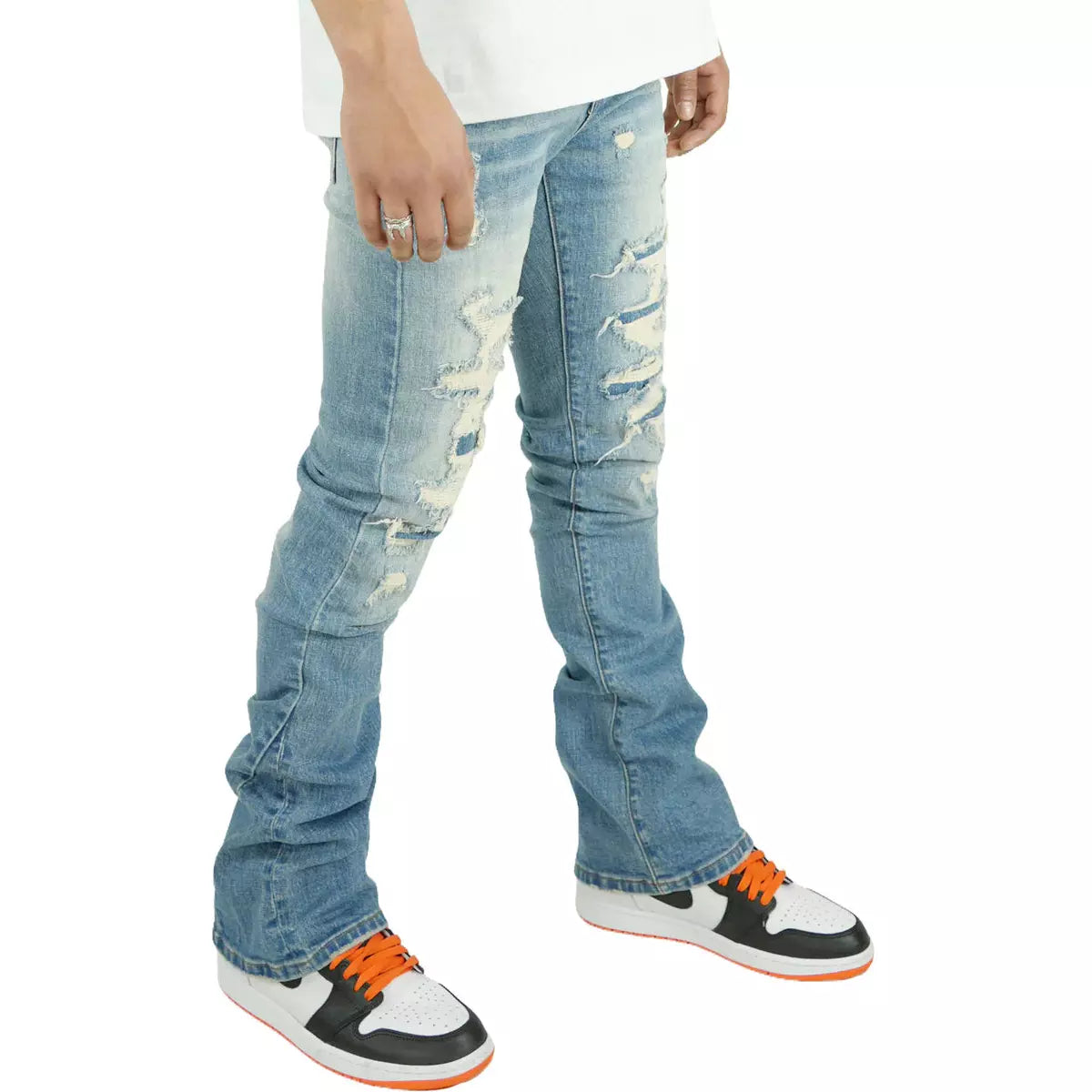 Preme Dark Indigo Flare Jeans with Distressed Tears (Style PR-WB-962) for Women
