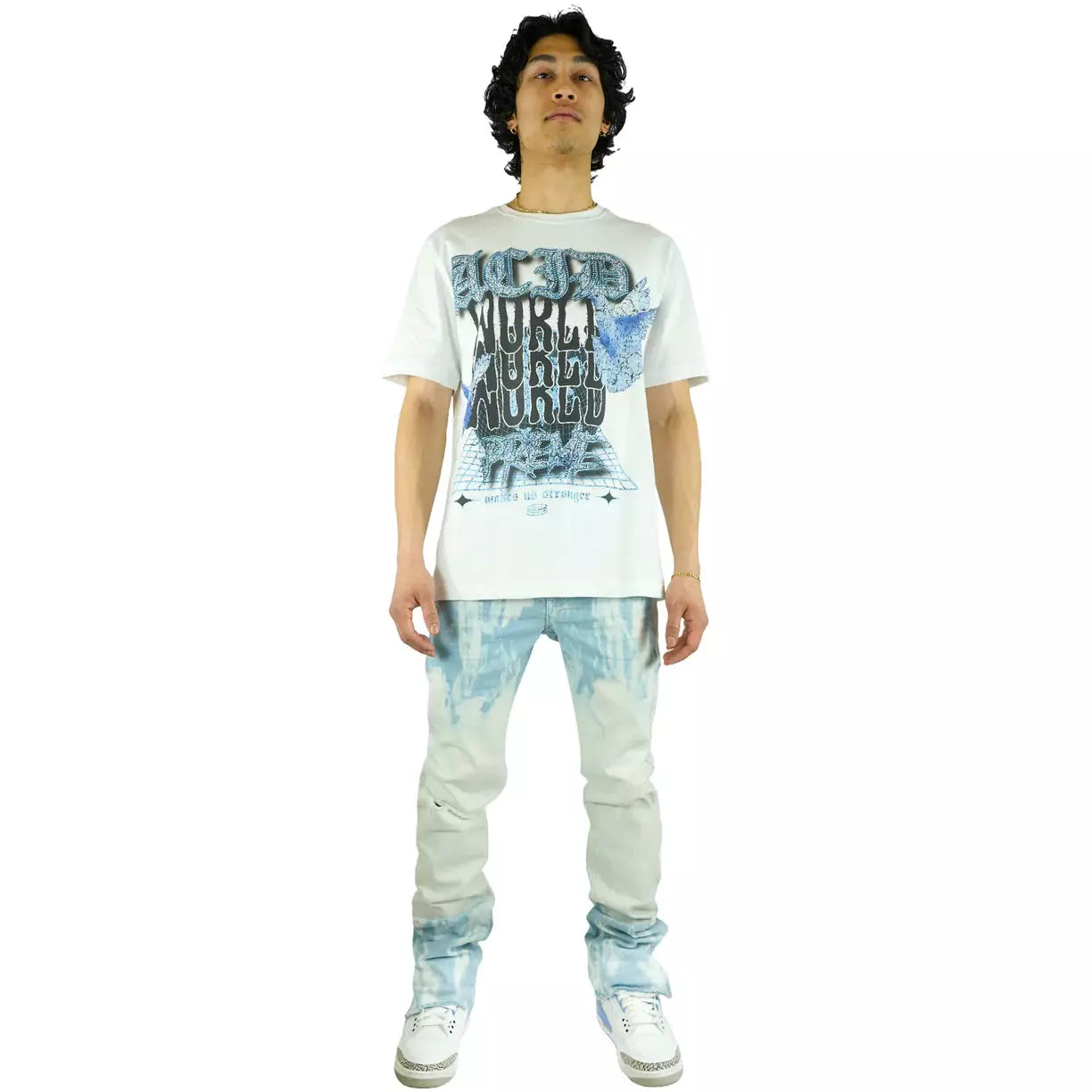 Preme Powder Dip Dye Powder Blue On White Stacked Denim (PR-WB-964) displayed on a white background with a close-up of the fabric texture and vibrant blue color