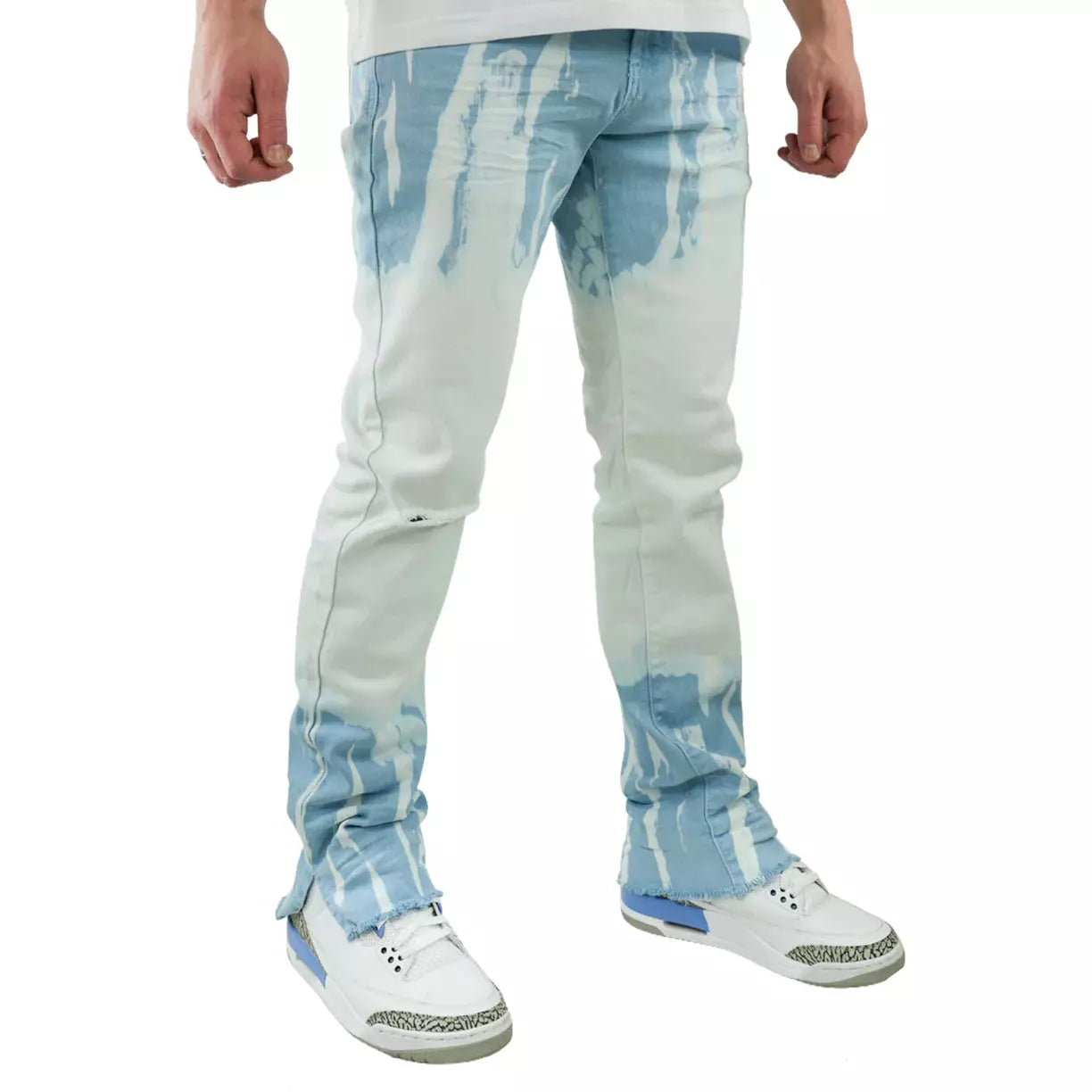 Close-up of the Preme Powder Dip Dye Powder Blue On White Stacked Denim (PR-WB-964) showing the intricate dye pattern and vibrant blue color