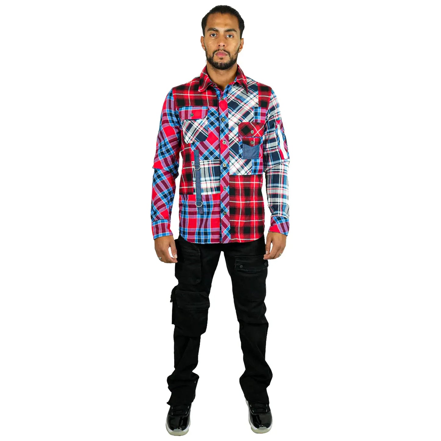 A group shot of people wearing the PREME Drifter Multi Red Flannel Button Up (PR-WT-051) in various outdoor activities, showcasing its versatility and style