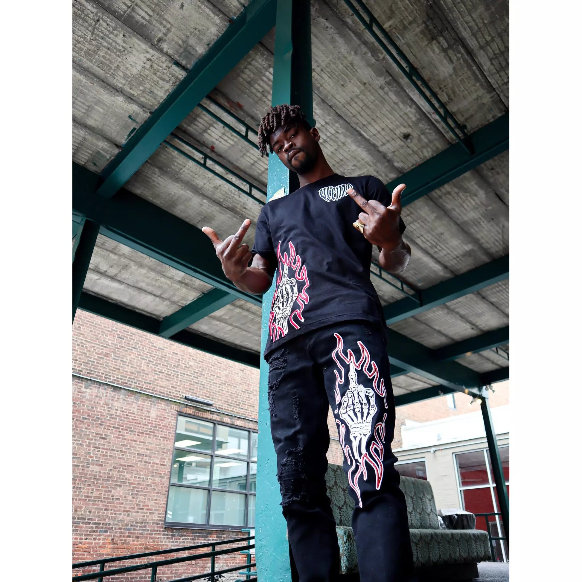 PREME Skull Middle Finger Black Jeans (PR-WB-856): Men's distressed skinny jeans with skull and middle finger patch design