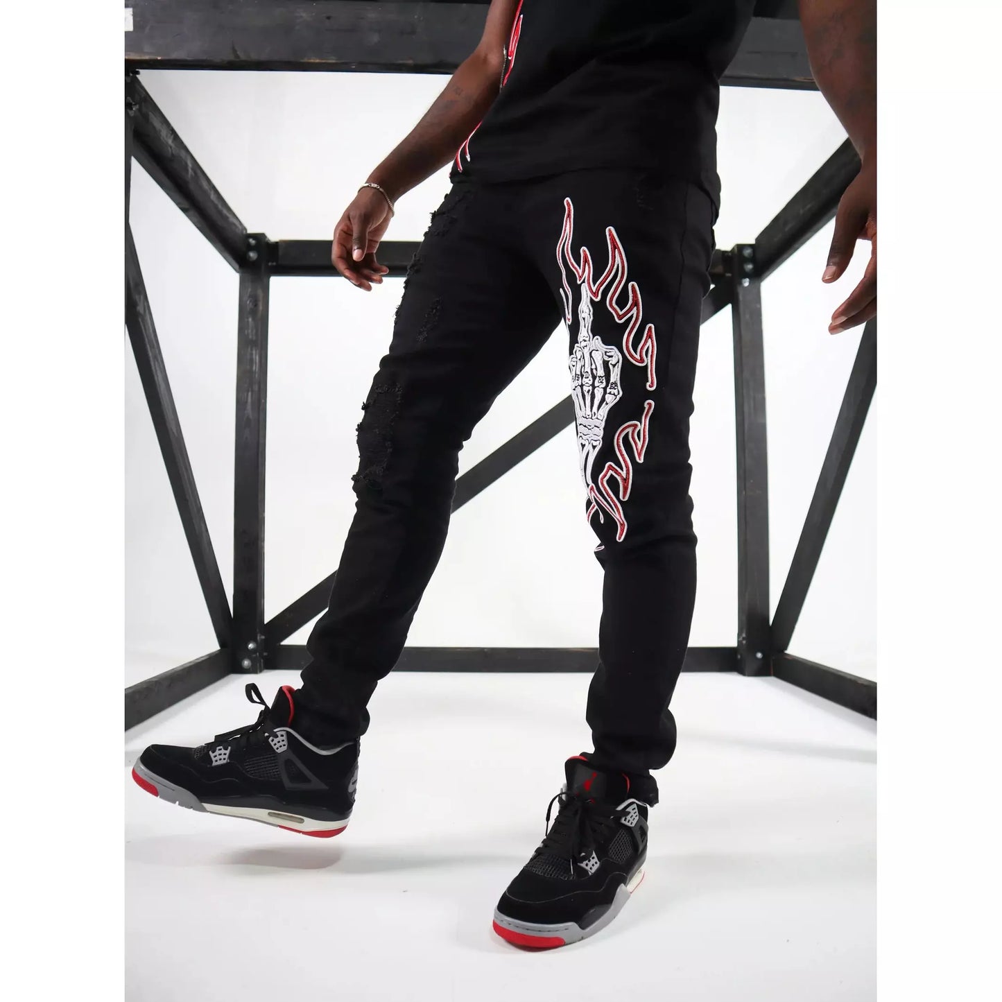 PREME Skull Middle Finger Black Jeans (PR-WB-856) with edgy skull and middle finger design on the back pocket