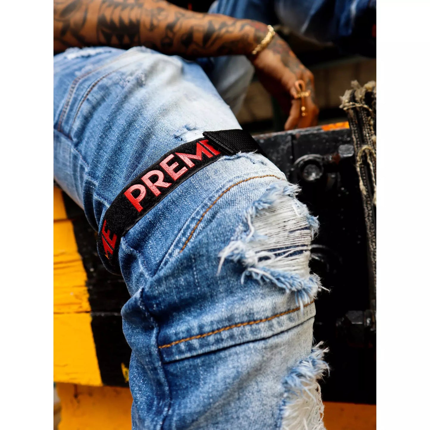Mid-rise medium indigo denim jeans with black-red straps, Preme PR-WB-840