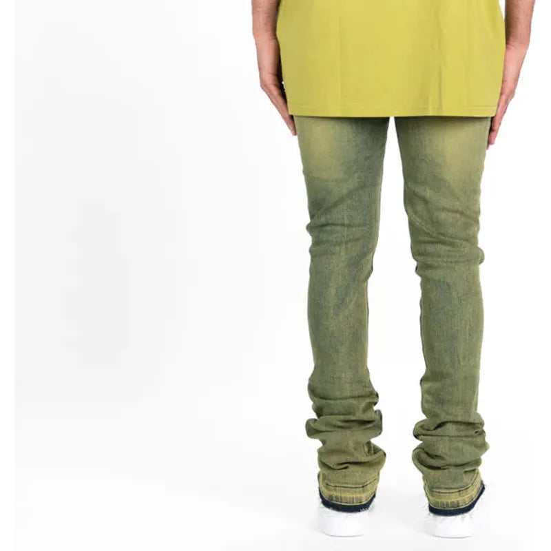 Close-up of the front pockets and button details on the PHEELINGS Getting There Fern Green Flare Stack Denim, showcasing its stylish and functional design