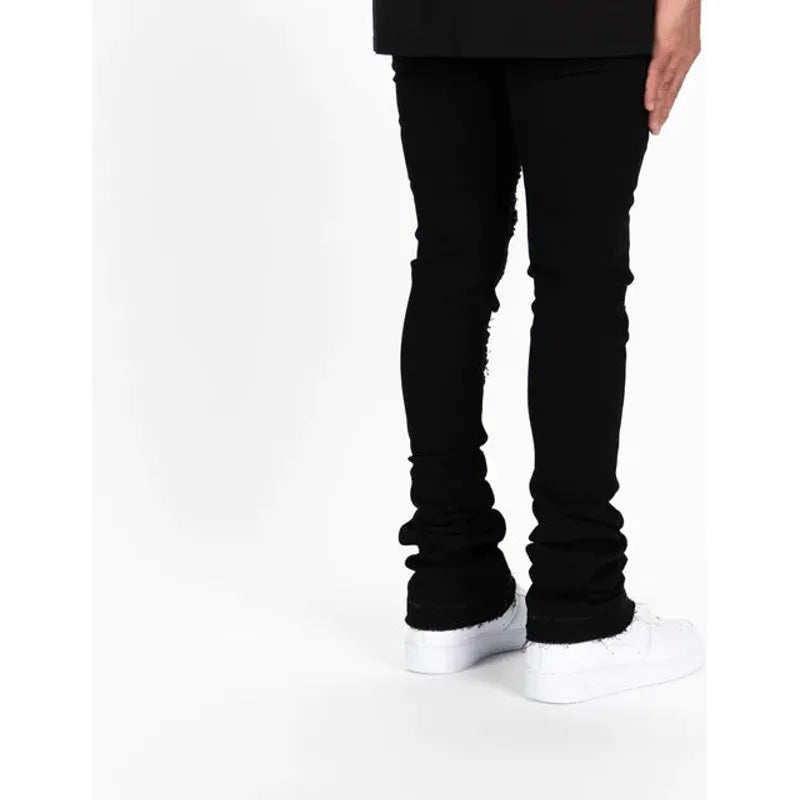 Close-up of PHEELINGS 'Now Or Never' Jet Black Flare Stack Denim jeans, featuring a flattering high-waisted design and sleek jet black wash