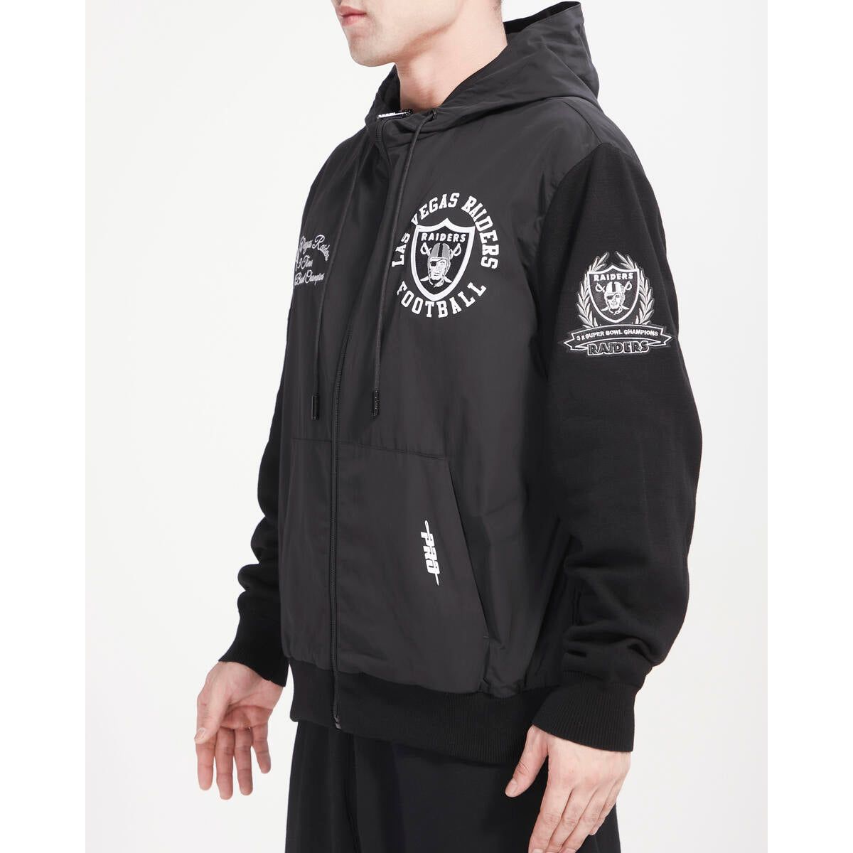 Stylish Pro Standard Las Vegas Raiders Hybrid Woven Zipper Hoodie in black, back view, with team name and logo prominently displayed