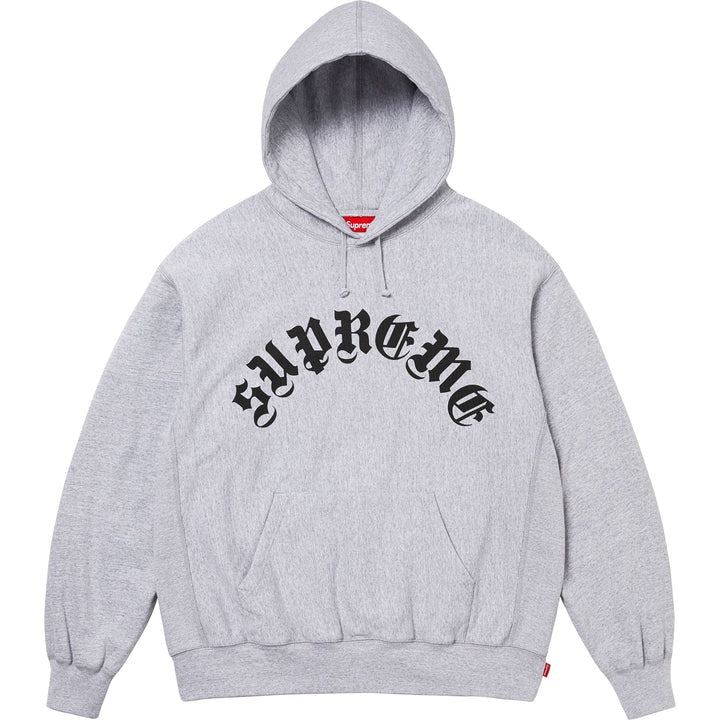 Grey Supreme Printed Arc Hoodie with bold logo design for winter