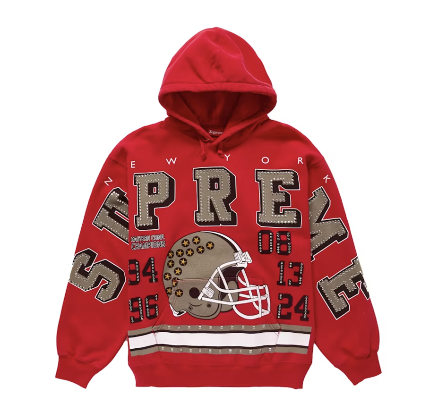 Red Supreme Champions Studded Hoodie for SS24, a vibrant and stylish fashion choice