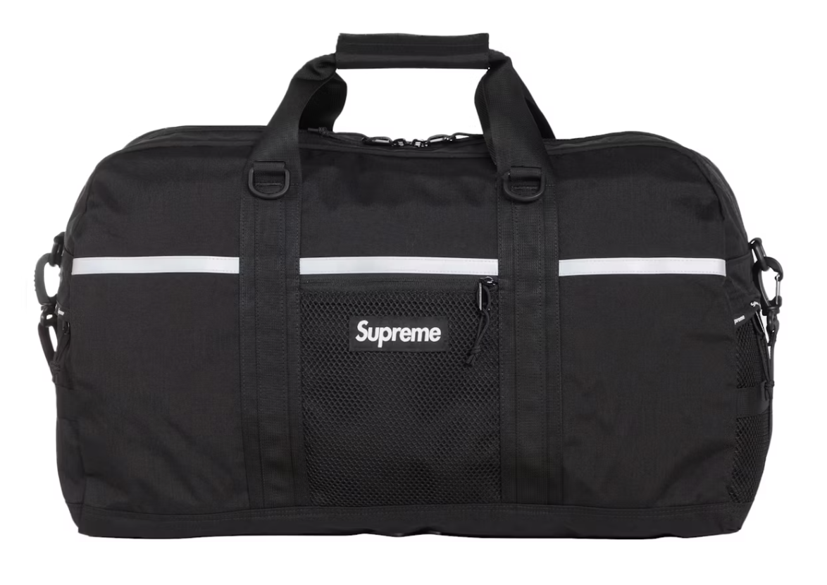 Premium black Supreme Duffle Bag from the FW24 collection, perfect for travel and daily use