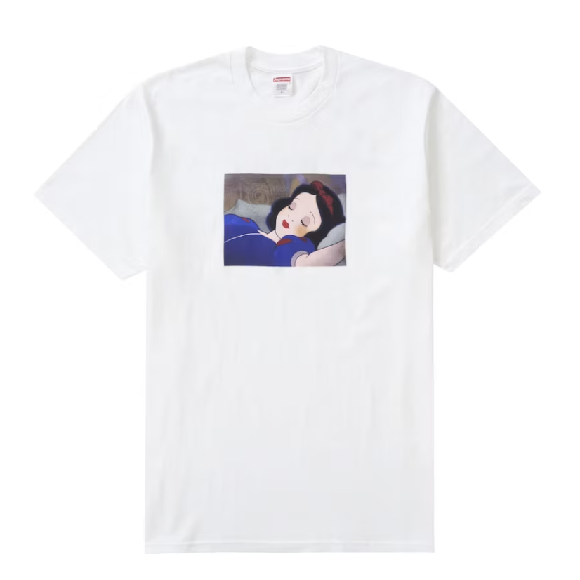 A close-up image of the Supreme Snow White Tee in white, featuring the brand logo on the front and a comfortable, classic fit for the Fall/Winter 2024 collection