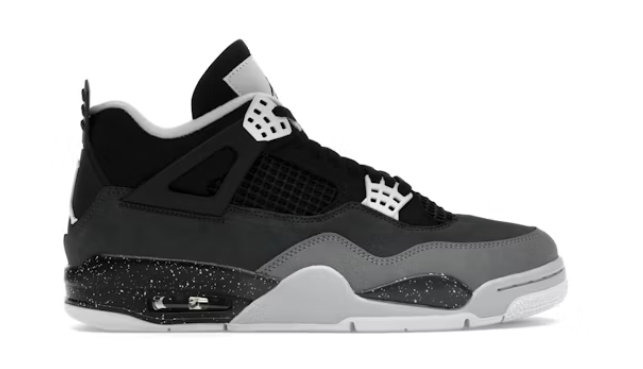 Alt text: Black and grey Jordan 4 Retro Fear sneakers with unique pattern and red accents, style FQ8138-002, available for purchase
