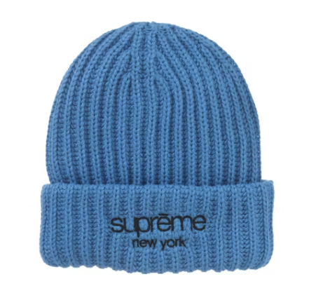 Supreme Classic Logo Chunky Ribbed Beanie in Blue color for Fall/Winter 24 season