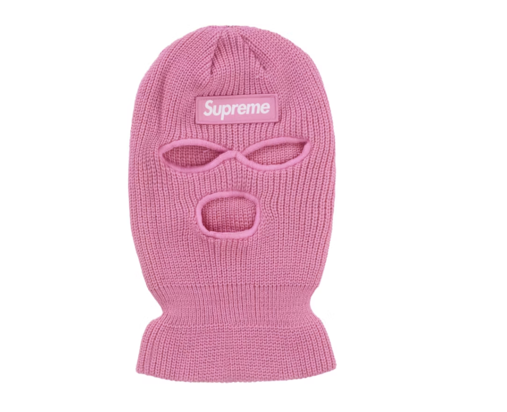 Close-up of Supreme Box Logo Balaclava in Pink (FW24) on white background, showcasing the iconic logo and high-quality fabric
