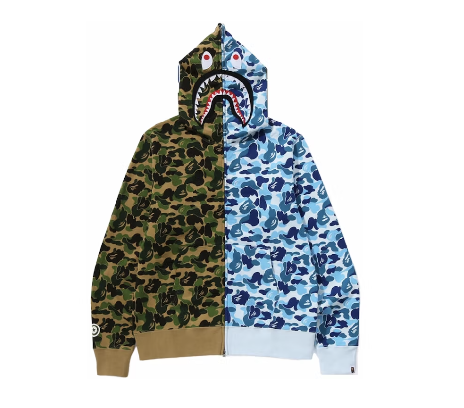 BAPE ABC Camo Crazy Shark Full Zip Hoodie in Green and Blue, a stylish and vibrant fashion statement