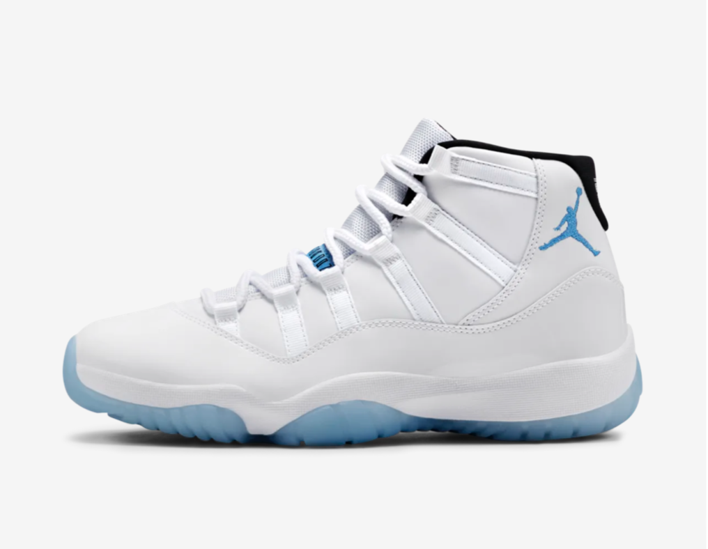 White and blue Jordan 11 Retro sneakers with patent leather detail and iconic Jumpman logo, style code CT8012-104