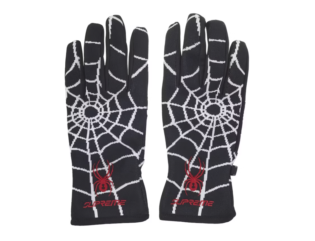 Black Supreme Spyder Gloves for the Fall/Winter 24 season, perfect for outdoor activities and cold weather protection