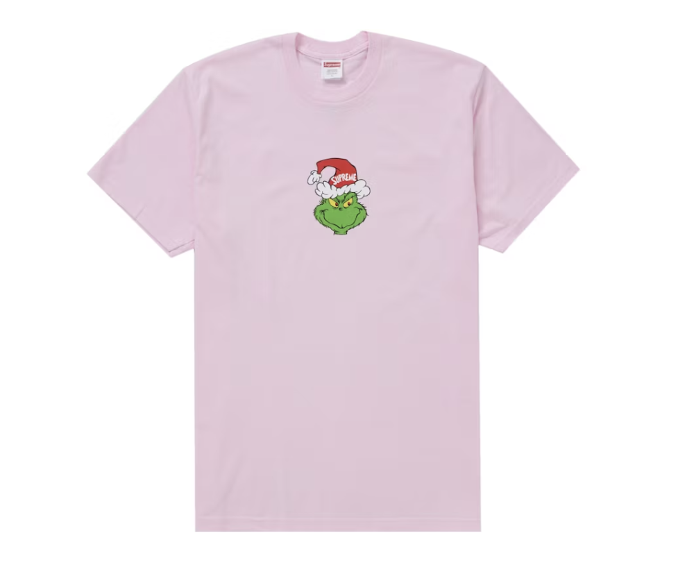 Supreme Grinch Tee in light pink with FW24 design, perfect for holiday season