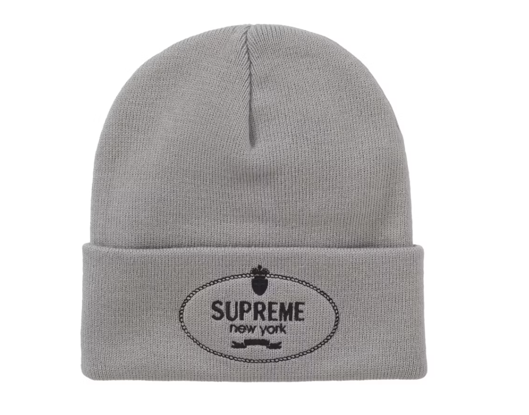 High-quality grey Supreme Crest Beanie from Fall/Winter 2024 collection
