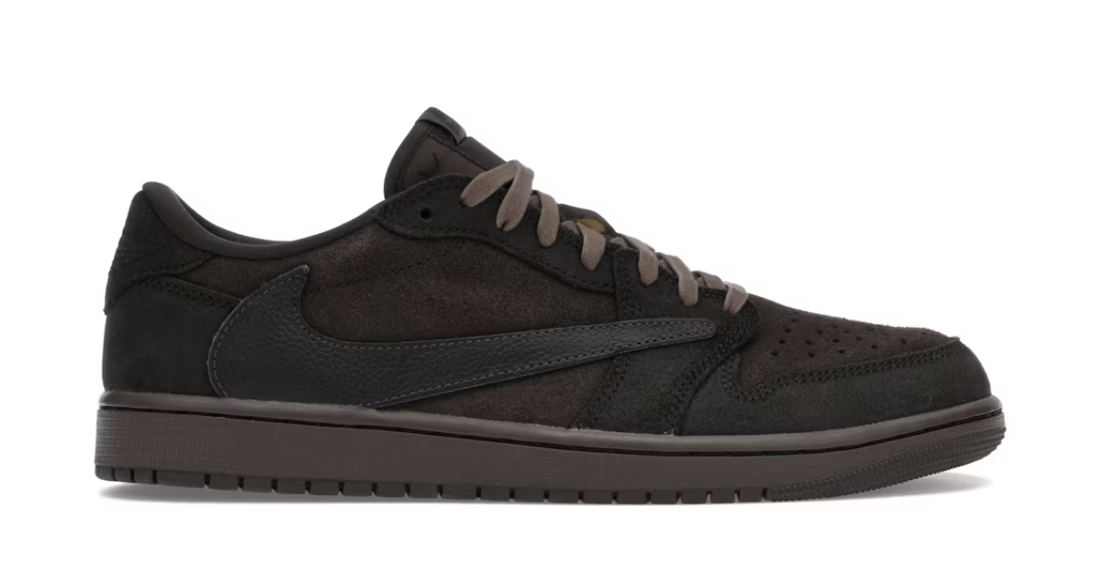 Alt text: Highly sought-after Jordan 1 Retro Low OG SP - Travis Scott Velvet Brown sneakers featuring premium materials and iconic design (DM7866-202)