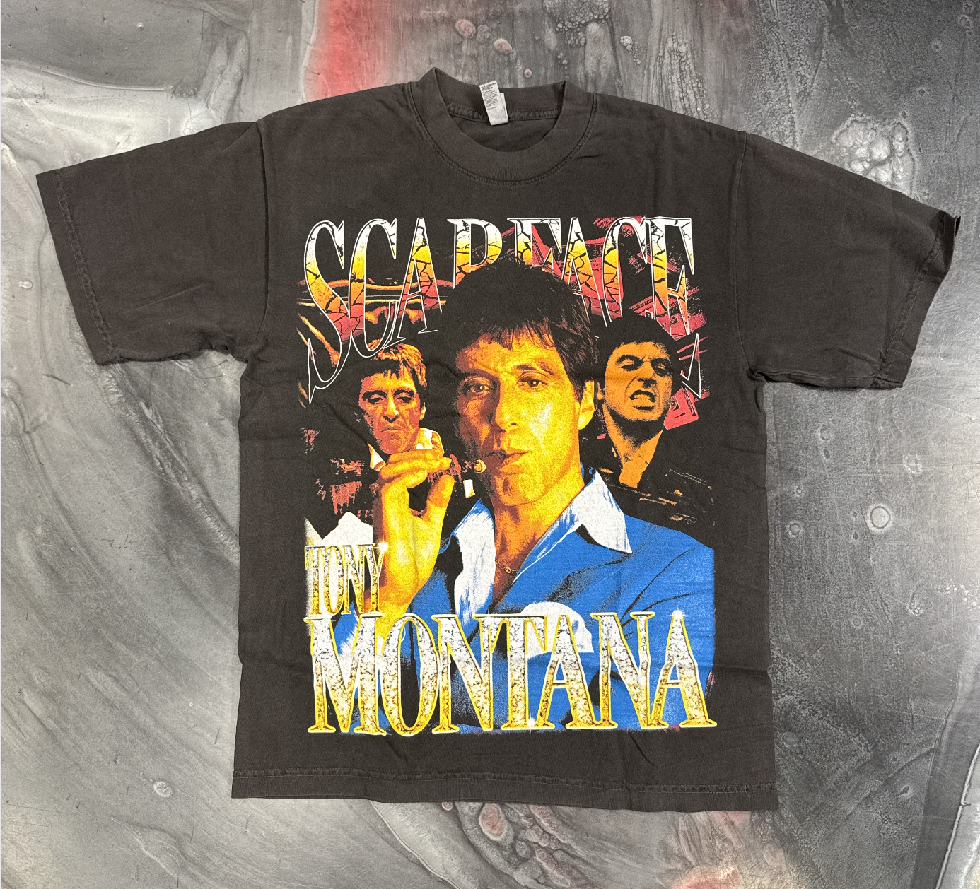 Vintage Demand Scarface Montana Collage Tee - Black with iconic movie character design