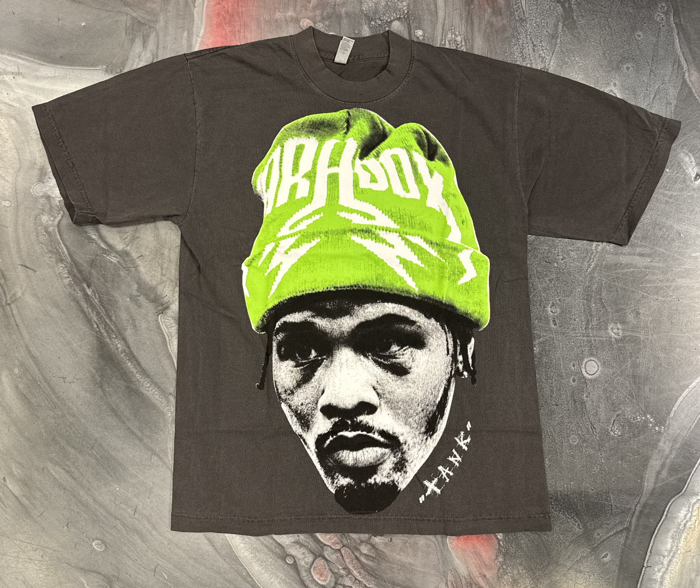 Vintage Demand Gervonta Tank Big Head Tee in Washed Black, a classic and stylish graphic t-shirt for men