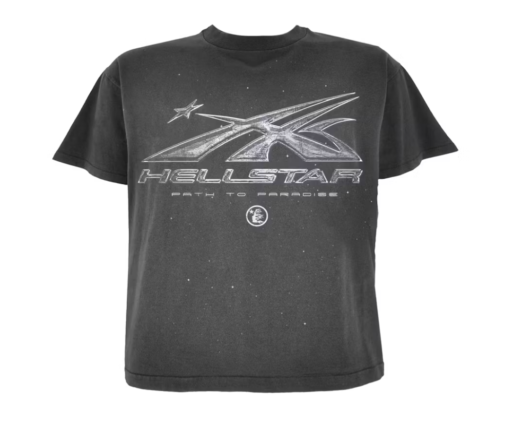 Long description of the HELLSTAR Chrome Logo Tee in black featuring vintage wash, custom milled cotton, Hellstar graphics on chest and back, manufactured in Los Angeles