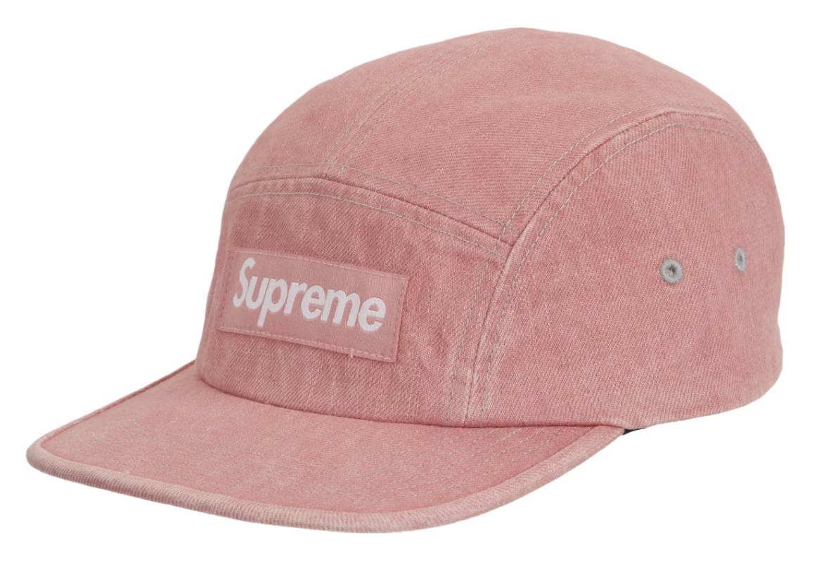 A brand new Supreme Denim Camp Cap in Peach color from SS25 collection, deadstock