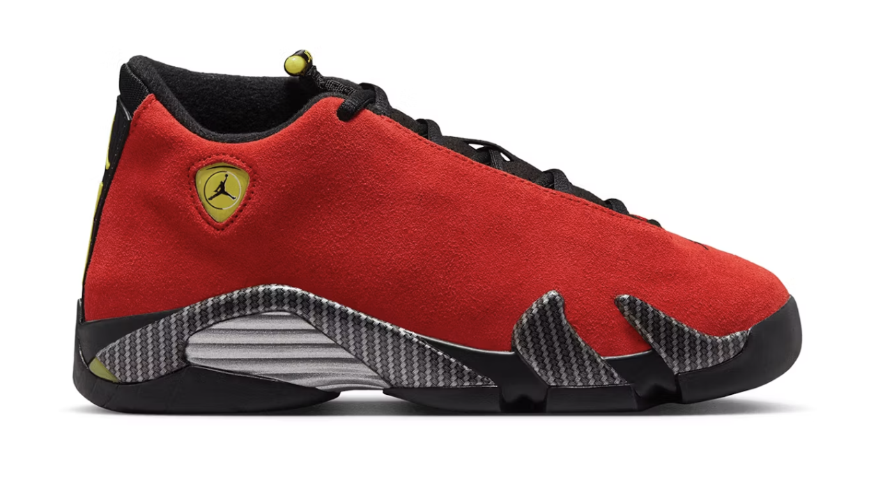 A brand new Jordan 14 Retro Ferrari GS sneaker in red and black with details highlighting the 2025 release, SKU IF5016-600, deadstock condition