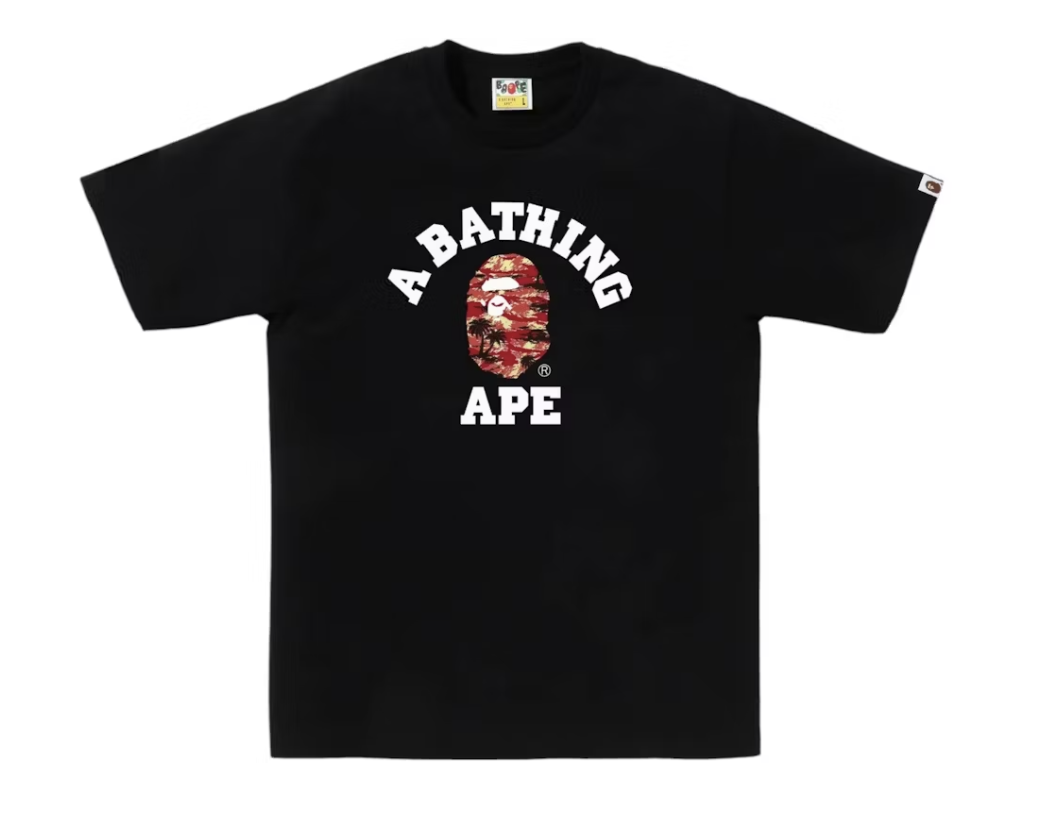 A brand new black and red BAPE Palm Tree Camo College Tee from SS25 collection, deadstock, featuring a distinctive camouflage pattern with palm tree graphics