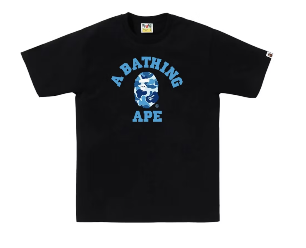 A brand new black and blue BAPE ABC Camo College Tee from SS25 collection with SKU 1L30-110-005 deadstock condition